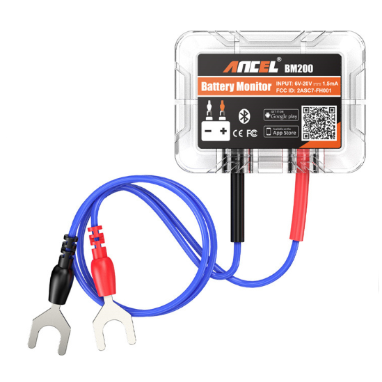 AnCEL battery monitor with cables on a white background