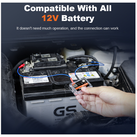 Person holding a car battery connector near a car battery with text about compatibility with 12V batteries.