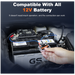Person holding a car battery connector near a car battery with text about compatibility with 12V batteries.