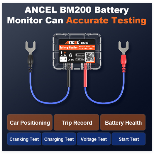 ANCEL BM200 battery monitor with cables on a dark background