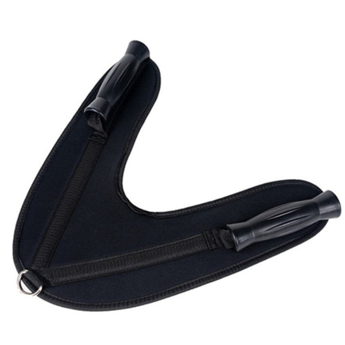 Black leather support strap with plastic ends on a white background