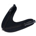Black leather support strap with plastic ends on a white background