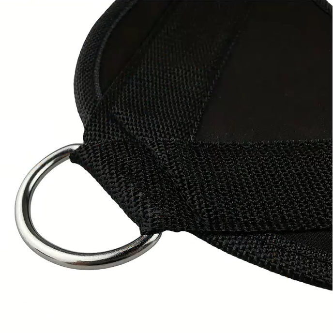 Black Ab Crunch Harness Attachment  with a metal D-ring on a white background