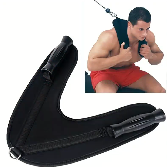 Black shoulder trainer with inset of a person using it