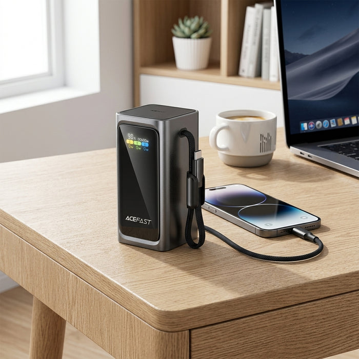 A portable power bank by Acefast sits on a wooden desk, connected to a smartphone via a black cable. The scene is a styled workspace with a laptop, a white coffee mug, and a small potted succulent in the background.