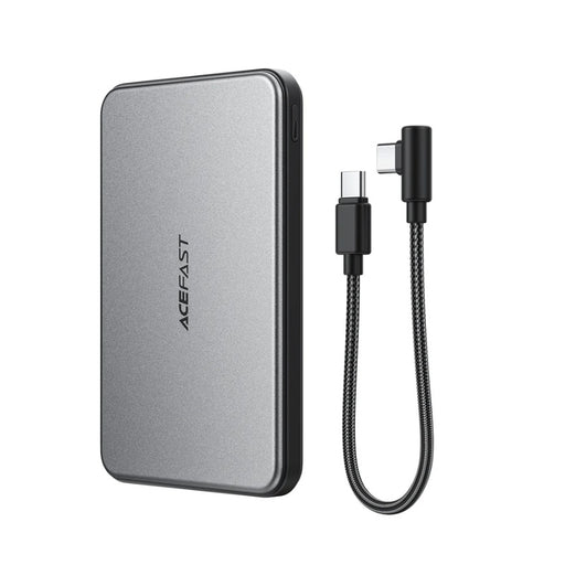 Silver external power bank with USB-C cable on a white background
