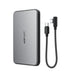 Silver external power bank with USB-C cable on a white background