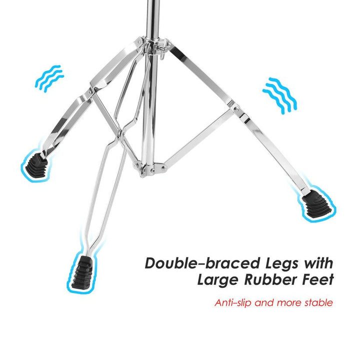 Drum stand with double-braced legs and large rubber feet on a white background