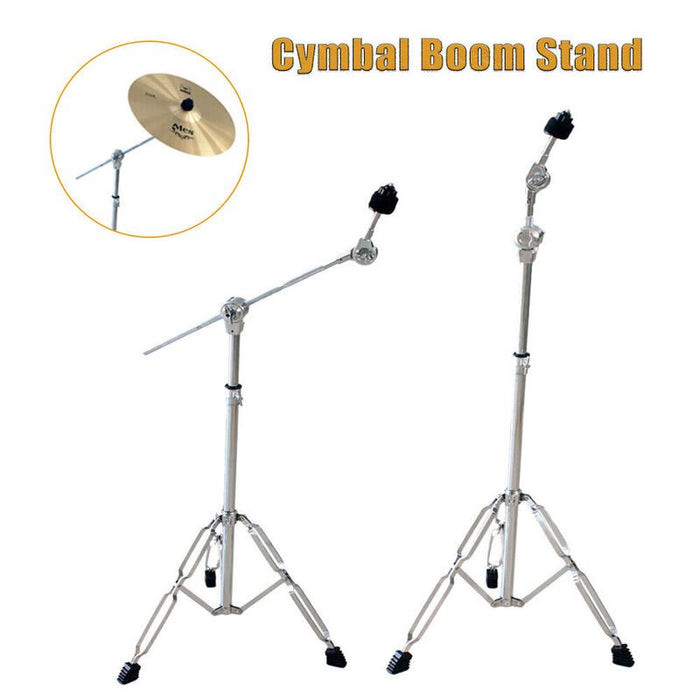 Cymbal boom stand with a cymbal attached, on a white background.