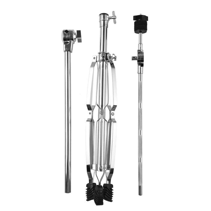 A set of three chrome metal stand legs with black rubber feet and mounting hardware, displayed on a solid white background.