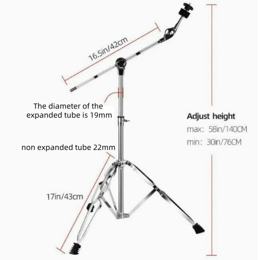 A metal drum stand with measurement annotations showing dimensions, including 16.5 in/42 cm for the drum arm, 17 in/43 cm for the leg, 22 mm for the non-expanded tube, 19 mm for the expanded tube, and height adjustment details from 30 in/76 cm to 58 in/142 cm.