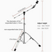 A metal drum stand with measurement annotations showing dimensions, including 16.5 in/42 cm for the drum arm, 17 in/43 cm for the leg, 22 mm for the non-expanded tube, 19 mm for the expanded tube, and height adjustment details from 30 in/76 cm to 58 in/142 cm.