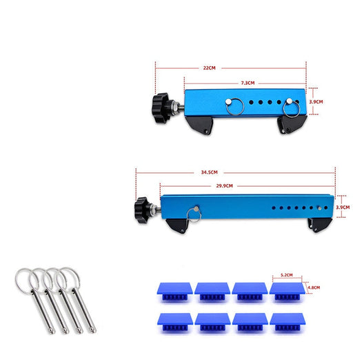 Blue metal tool with measurement details on a white background