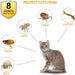 Cat product packaging with illustrations of pests and a cat, highlighting protection against ticks, larvae, lice, fleas, and mites.