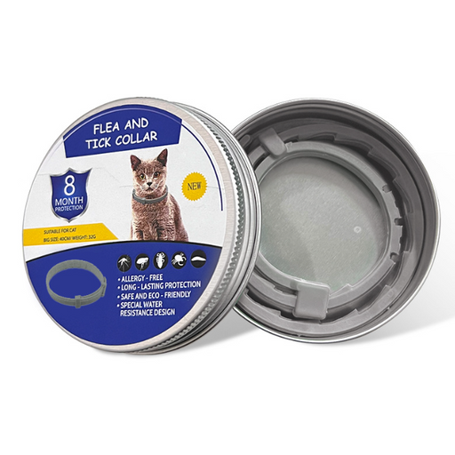 Flea and tick collar packaging with a cat illustration on a white background