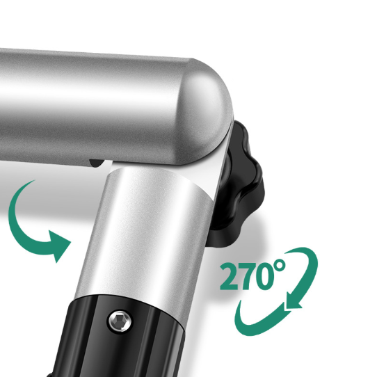 Close-up of a metal handle with 270-degree rotation feature on a white background