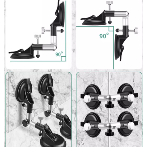 Set of black suction cup hooks with adjustable arms on a white background
