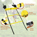 Yellow and black agility ladder with features highlighted on a green background
