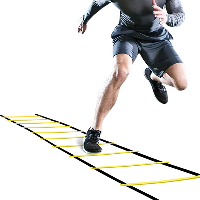 Person running on a yellow agility ladder against a white background