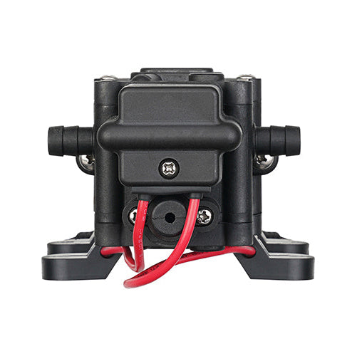 Black mechanical pump with red and black wiring on a white background