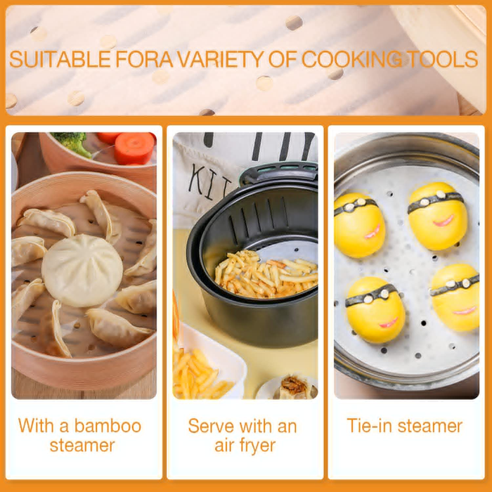 Collage of cooking tools including a bamboo steamer, air fryer, and tie-in steamer with food items.