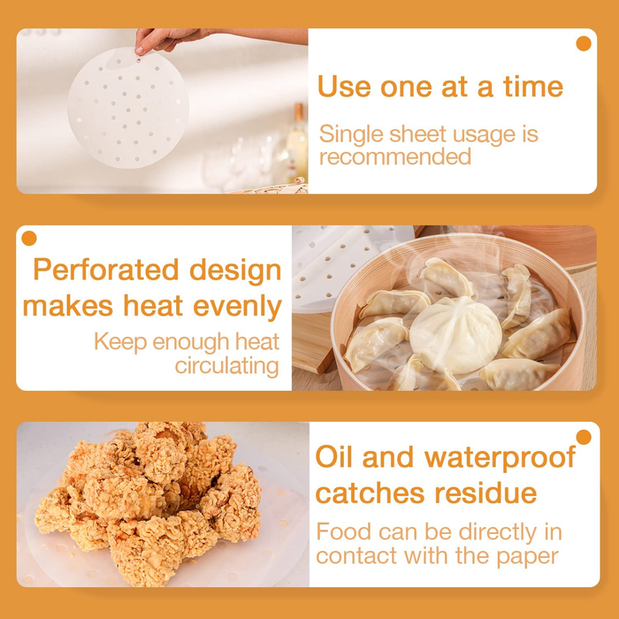 Product packaging with perforated sheets for food preparation, showing usage examples and features.