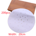 White Air Fryer Liners Paper with holes on a wooden surface, labeled with '200pcs' and 'Width: 20cm'.