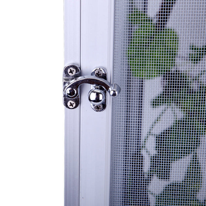Metal latch on a window screen with a white background