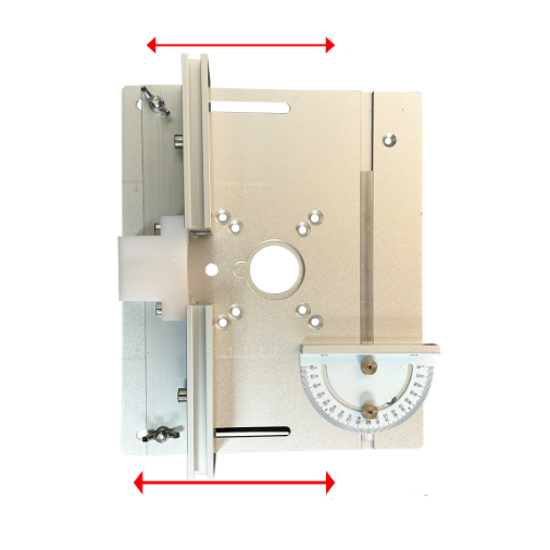 Woodworking router table insert with adjustable fence on a white background