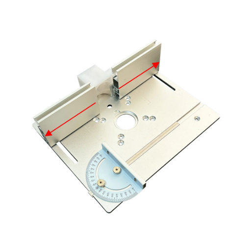 Router table insert with scale and router base plate on a white background