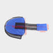 Blue and black dog muzzle with measurements on a light gray background