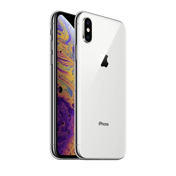  Silver iPhone with colorful display on a white background