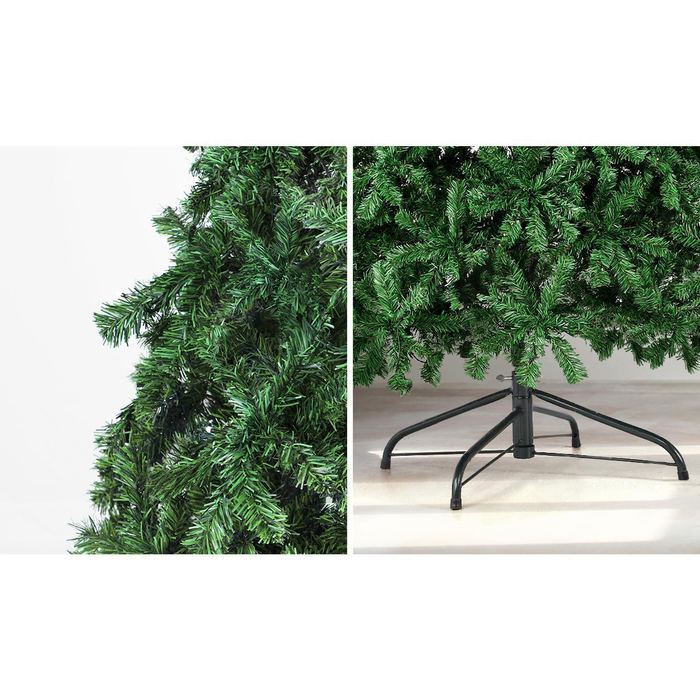Two views of a green artificial Christmas tree with a stand on a white background.