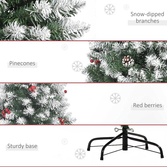 Decorative Christmas tree with snow-dipped branches, pinecones, red berries, and a sturdy base on a white background.