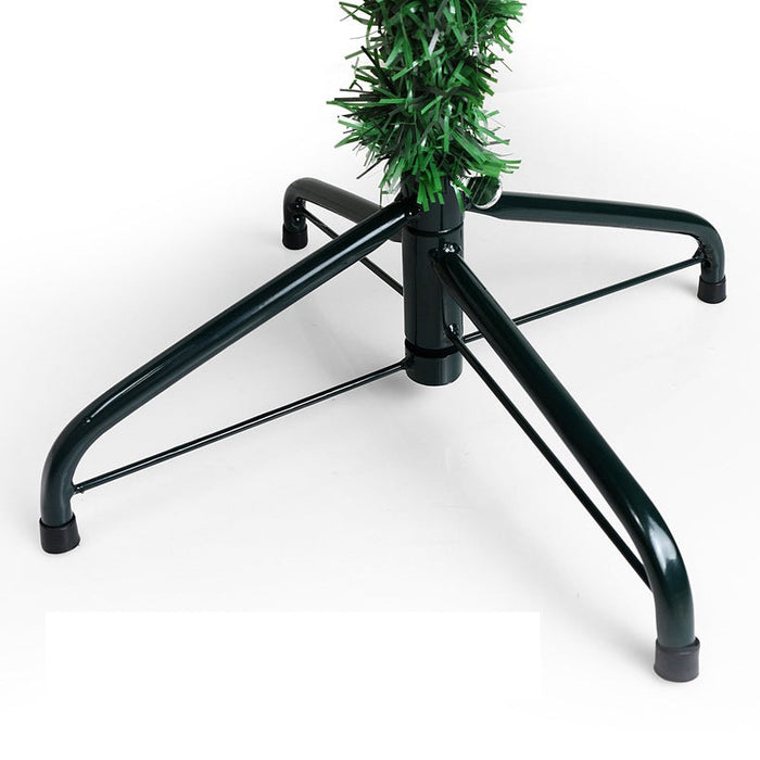 Black metal Christmas tree stand with a small green Christmas tree on a white background