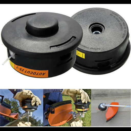 Two black spools of string trimmer line with a person using a trimmer in the background.