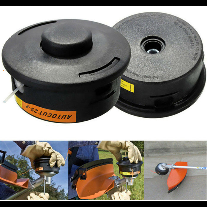 Two black spools of string trimmer line with a person using a trimmer in the background.