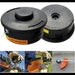 Two black spools of string trimmer line with a person using a trimmer in the background.