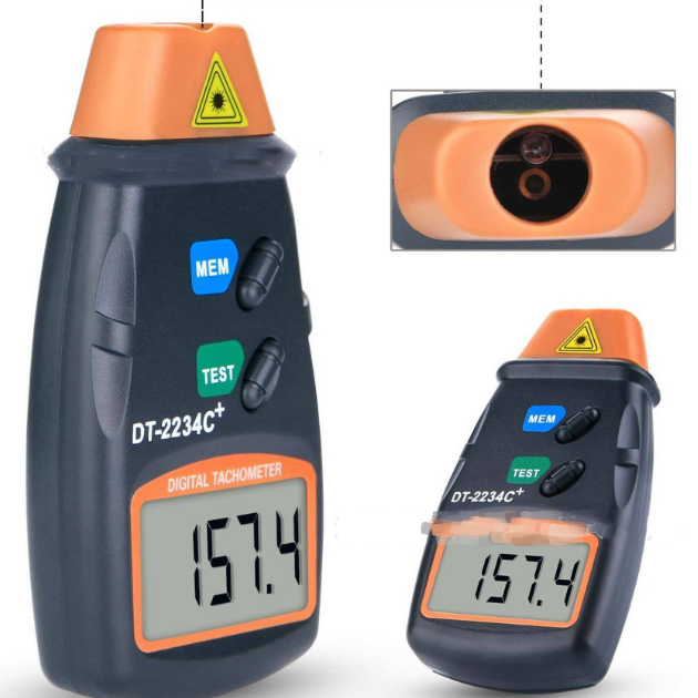 Digital tachometer with close-up inset on a white background