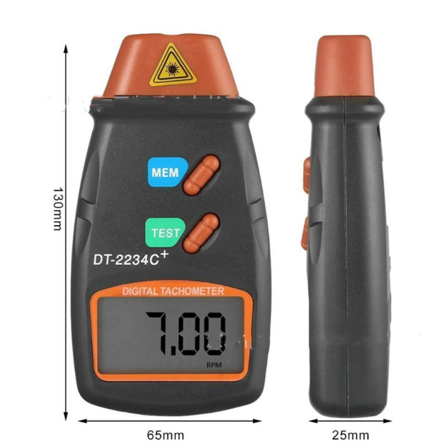 Digital tachometer with measurement details on a white background