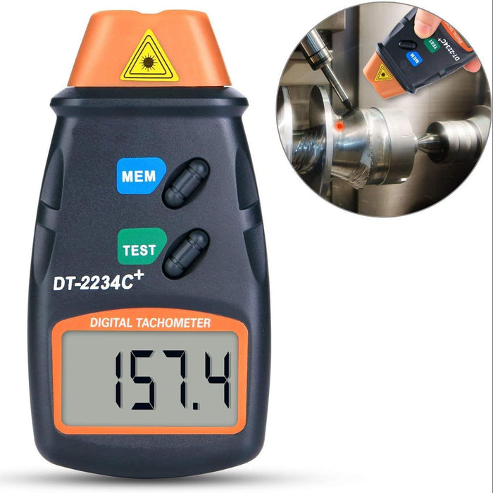 Digital tachometer with close-up inset showing use on a machine.