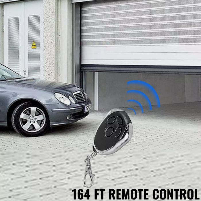 Garage door opener remote control with car and garage door in the background