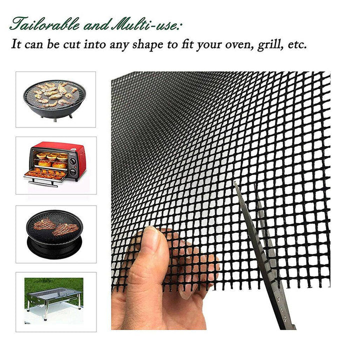 Mesh screen with text about its tailorable and multi-use properties, shown with a hand holding scissors.