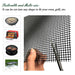 Mesh screen with text about its tailorable and multi-use properties, shown with a hand holding scissors.