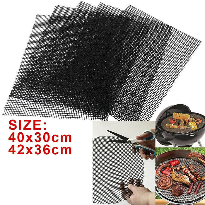 Black mesh grill mats with size details and usage examples on a white background