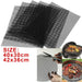 Black mesh grill mats with size details and usage examples on a white background