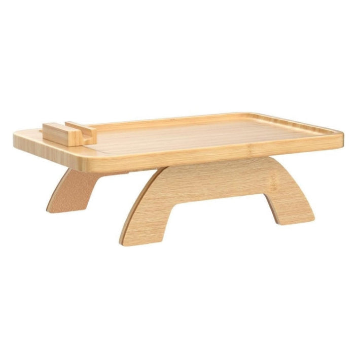 Wooden tray with a stand on a white background
