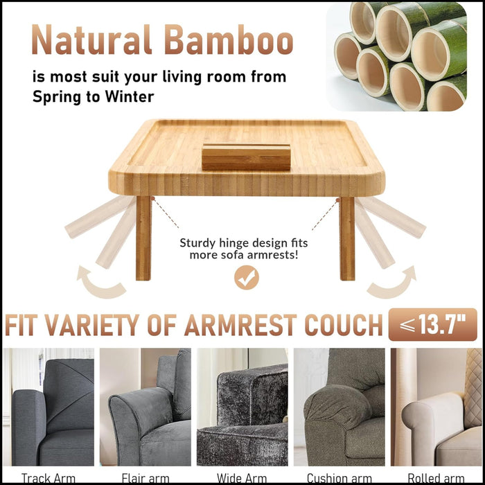 Bamboo armrest cover with table design, showing compatibility with various sofa armrests.