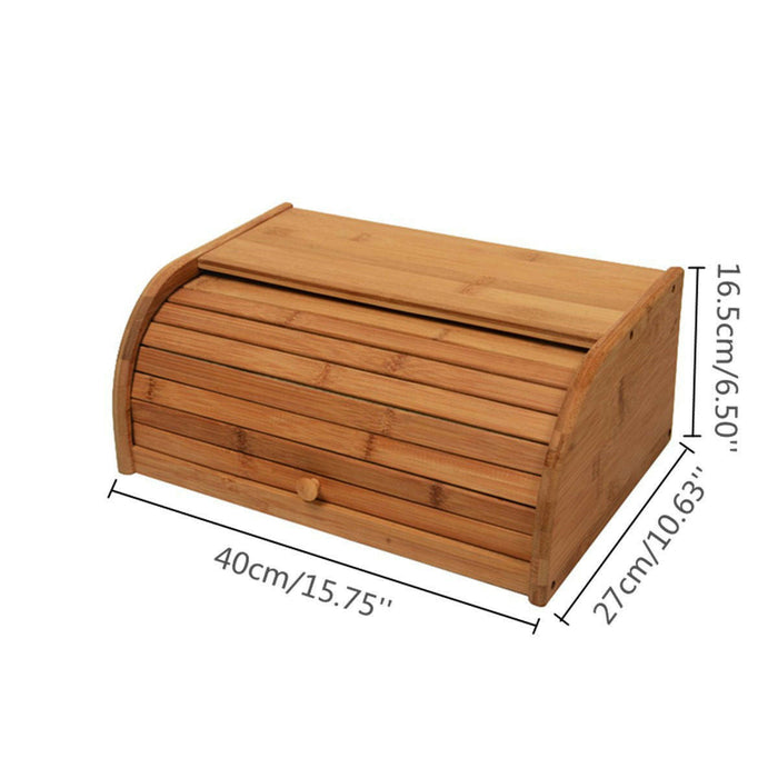 Wooden bread box with dimensions indicated on a white background