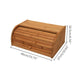Wooden bread box with dimensions indicated on a white background